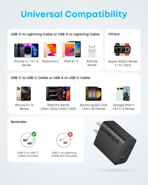 Anker iPhone 16 Charger, 2-Pack 20W Fast USB C Charger Block, for iPhone 16/16 Pro Max/15 Series/iPad Pro and More (Black, 2 Pack & 2 Cable)