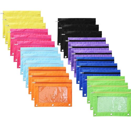 Boao 60 Pcs Pencil Pouch for 3 Rings Binder Pencil Bags Bulk with Zipper Colorful Case Stationery Bag with Clear Window for Office Supplies