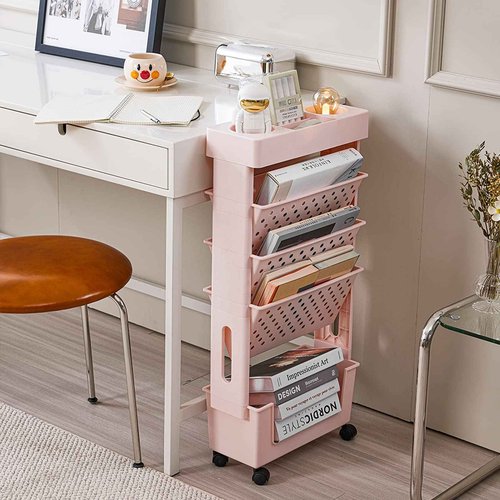 CINPIUK Pink Rolling Office Paper Organizer, Mobile Book Cart Document Folder File Storage with Pen Holder, Slim Rolling Storage Cart Movable Bookshelf for Office, Dorm, Classroom, Nursery
