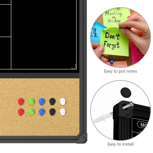 JILoffice Magnetic Black Calendar Dry Erase Board & Bulletin Board Combo, 36 x 24 Inch Dry Erase Board for Liquid Chalk Markers, Black Aluminum Frame for Office Home and School with 10 Push Pins