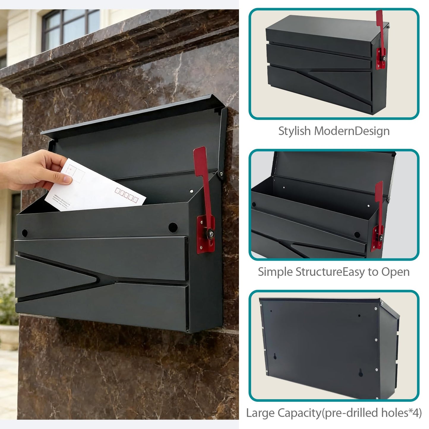 15.74" x 9.84" x 4.33" Wall Mount Mailbox, Large Capacity Mail Box for Outside, Modern Collection Box Postbox, No Keys Locking, with Flag Kit