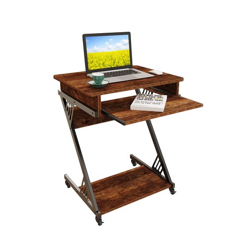 ALISENED Computer Desk for Small Spaces,23.6" Z-Shaped Compact Study Table with Smooth Keyboard Tray,with Wheels and Bottom Shelves for Home Office，Computer Cart Mobile Laptop Cart