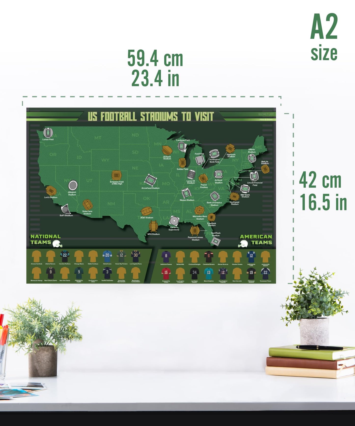Atlas & Green US Football Stadiums of America Scratch Off Map. Pro Football Satdiums Scratch Off Poster. Large A2 Stadiums Wall art. A2 Sports Poster With Gift Tube