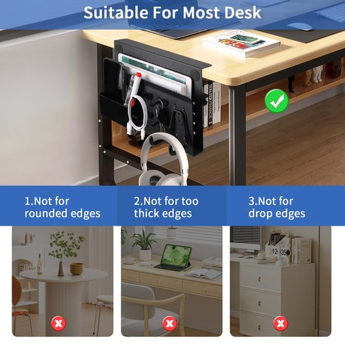 LUKETURE Desk Side Storage, No Drill Laptop Side Desk Mount, Steel Hanging Organizer, with Pegboard Accessories, Clamp on Laptop Holder for Office and Home, Fits Flat Edge Tables 0.3" to 2.8"