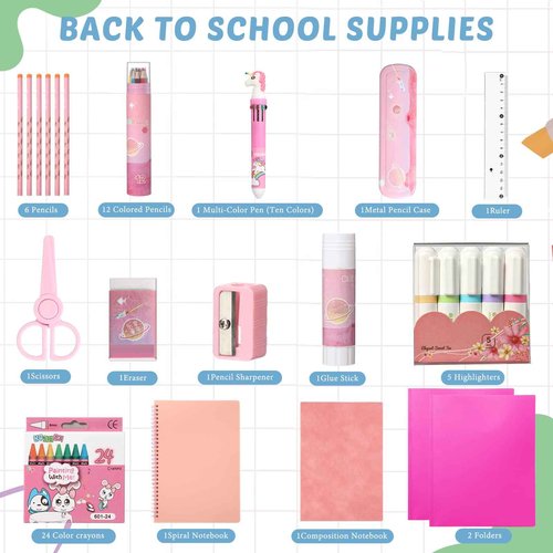 Sabary 58 Pcs Back to School Supply Bundle Kit for Girls Grades K-12, Essentials Box of Supplies Bundle, School Classroom Essentials Include Folders Notebook Pencil Pen Ruler Scissor and More(Pink)