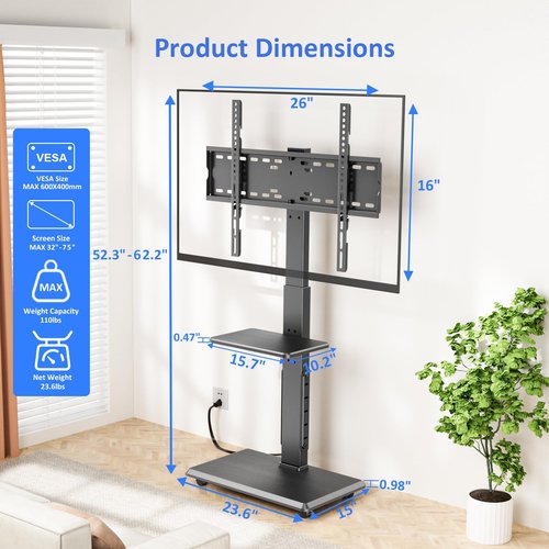 Afaloona Rolling TV Stand with Power Outlet, Mobile TV Cart for 32-75 Inch TVs up to 110 lbs, 18 Adjustable Heights, Max VESA 600x400mm, TV Floor Stand with Swivel Mount/Shelf/Wheels, Fits for Bedroom