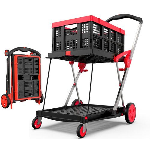 TOLRET Collapsible Shopping Cart with Wheels, 200 lbs Capacity Grocery Cart on Wheels with Storage Crate, Platform Hand Truck with Foot Brake, Red