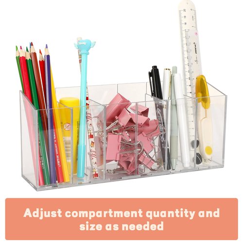 DECYOOL 2PCS Acrylic Organizers, Acrylic Makeup Brush Organizer 6 Compartments Pen Holders With Removable Dividers for Desk Accessories Cosmetic Storage Office Stationery Kitchen Supplies Clear