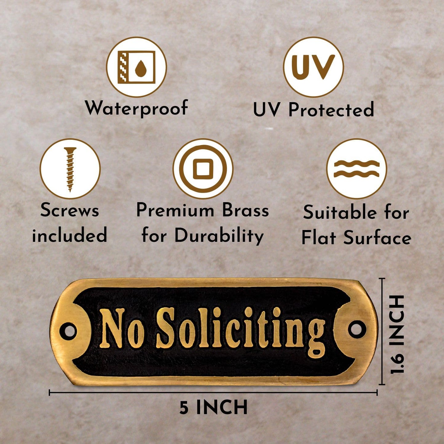 5" No Soliciting Sign for House Front Door, Premium Solid Brass Wall Plaque No Soliciting Home Decor Door Accessories, Modern No Soliciting Business Signage