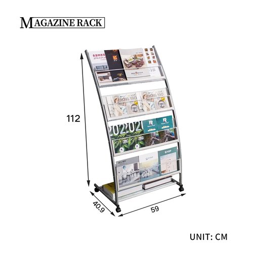 XIDIANOK Brochure Display Stand, Floor-Standing Magazine Rack with 4 Pockets, Information Rack With casters Easy to Move for Trade Show Exhibitions Office Retail Store 44.1" H