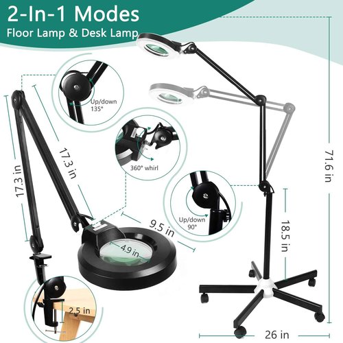 10X Magnifying Glass with Light and Stand, Floor Lamp with 5 Wheels Rolling Base for Lash Estheticians Facials, 1,500 Lumens Stepless Dimmable, LED Lighted Standing Magnifier for Sewing Crafts - Black