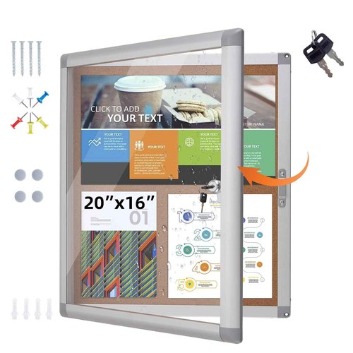 YOKUGO 20"x16" Outdoor Bulletin Board Weatherproof, Aluminium Frame Enclosed Bulletin Board with Locking Door, Tamper-Proof Dispaly Case Lockable Corkboard for School, Office, Hospital, Store