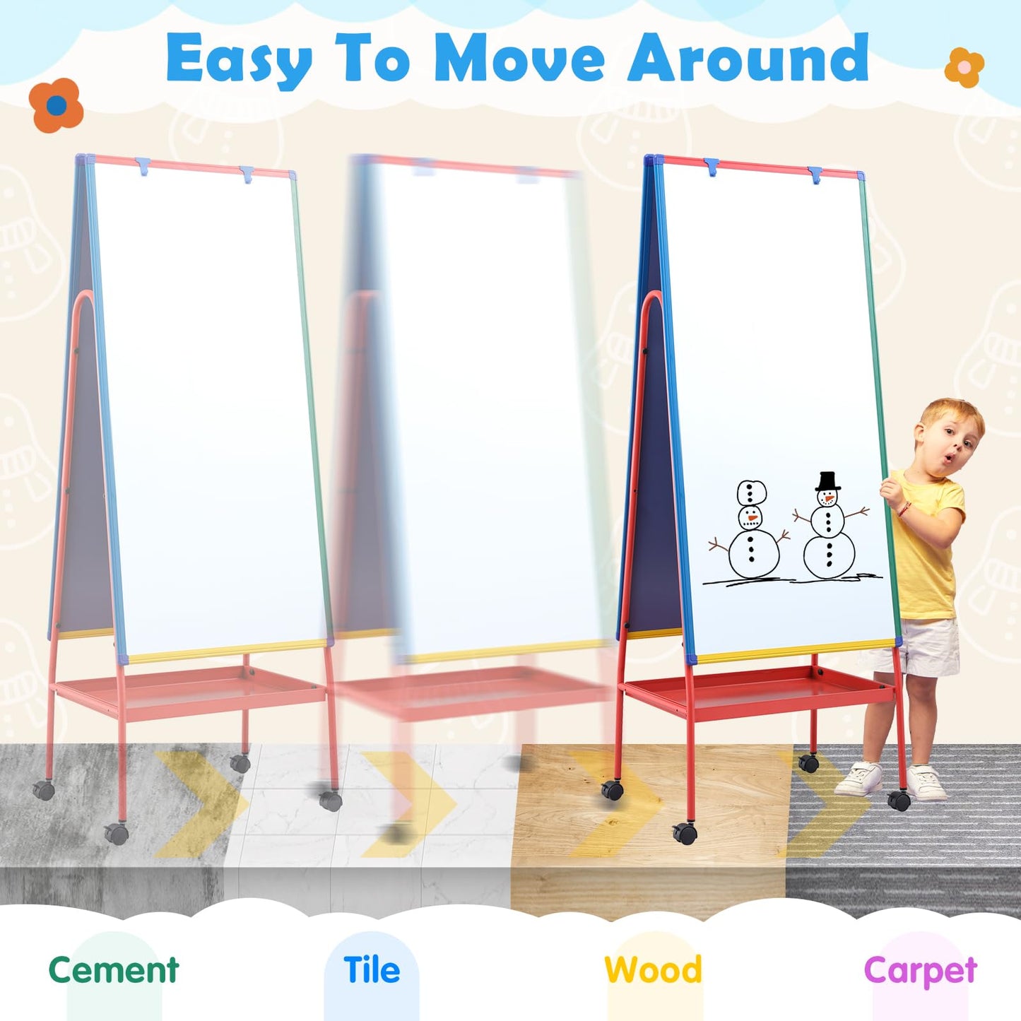 Mobile Whiteboard on Wheels 48x24 in Rolling Classroom Easel for Teaching