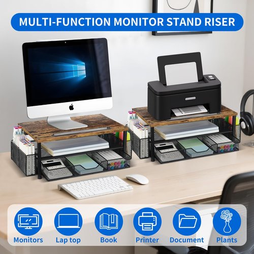 Wood Desk Organizers and Accessories, 2-Tier Computer Monitor Stand with Drawer, Pen Storage & Tablet Phone Holder, Office Desk Accessories, Workspace Desktop Organization for Office Supplies（Brown）
