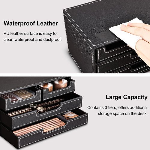 KINGFOM PU Leather Desk Organizer with 4 Drawers Small, Desktop Organizer Drawer for Office Supplies Accessories, Stationery Storage Box Bills Collection Holder Black