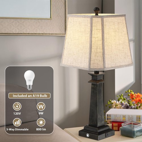 Hapcrea 27.5" Table Lamp for Bedroom, 3-Way Dimmable Touch Lamp for Nightstand, Farmhouse Table Lamp for Living Room with USB A+C Charging Ports, Bulb Included (Black)
