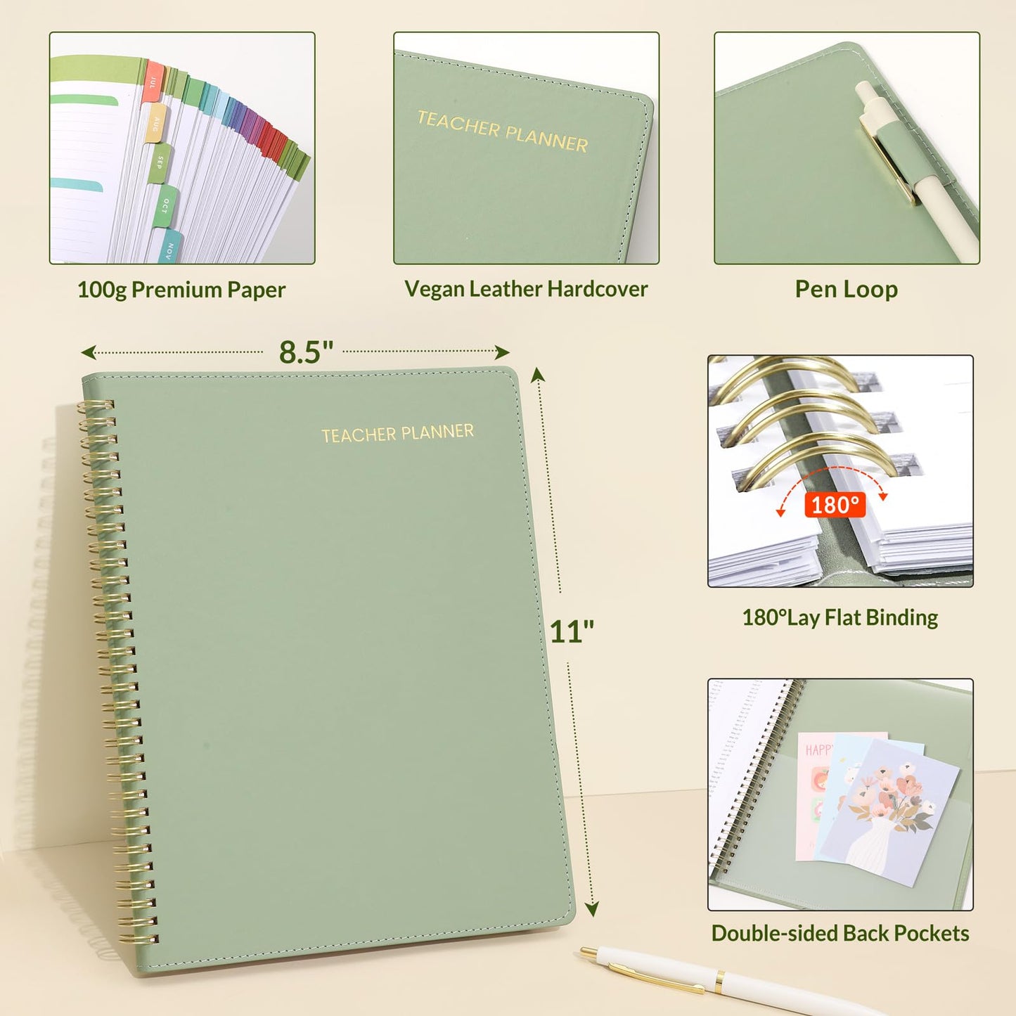 SUNEE Teacher Planner 2026-2027 Academic Year with 7 Periods, Jul 2026 - Jun 2027 Lesson Planner Book 8.5"x11" School Agenda with Subjects, Teacher Calendar with Vegan Leather Cover, Color Tabs, Green