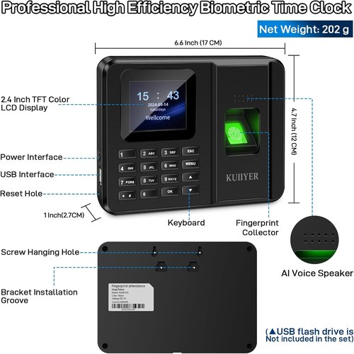 KUIIYER Employee Time Clock - 2-in-1 Fingerprint & Password Attendance System | Compact Design