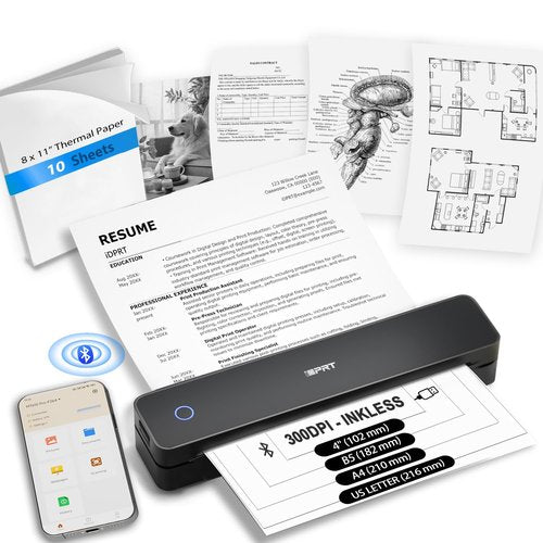 iDPRT Inkless Portable Printer for Travel, 300DPI Wireless Thermal Printer Support 8.5 x 11 Inch US Letter, A4, Small Bluetooth Printers Compatible with iOS, Android Laptop for Office Car Home, Black