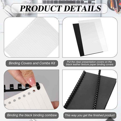 Seajan 250 Pcs Binding Covers and Combs Kit, Binding 8.5 x 11 Inches Paper, 50 Pcs Black Binding Combs 100 Pcs 13mil Black Leather Texture Paper Binding Cover 100 Pcs 8mil Clear Presentation Covers