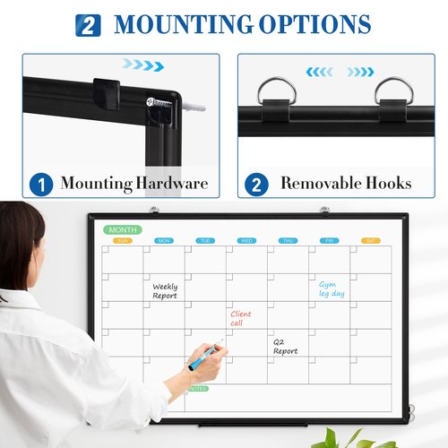 WALGLASS Dry Erase Calendar Whiteboard for Wall, 36" x 24" Double-Sided Monthly Calendar White Board with Black Aluminum Frame, Hanging or Wall Mount Whiteboard for Home, Office, School