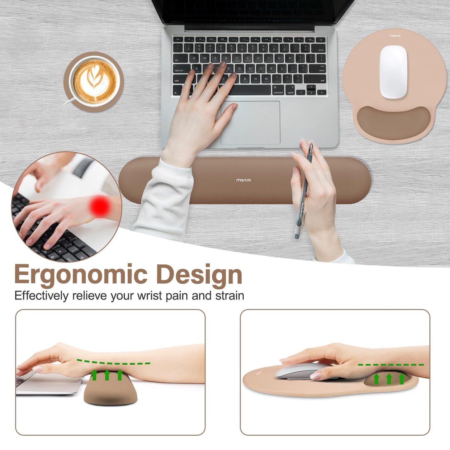 MOSISO Wrist Rest Support for Mouse Pad&Keyboard Set, Circle Curved Ergonomic Mousepad&Coaster Non-Slip Base Home/Office Pain Relief&Easy Typing Pad with Soft Cloth&Silicone Lining, Mocha