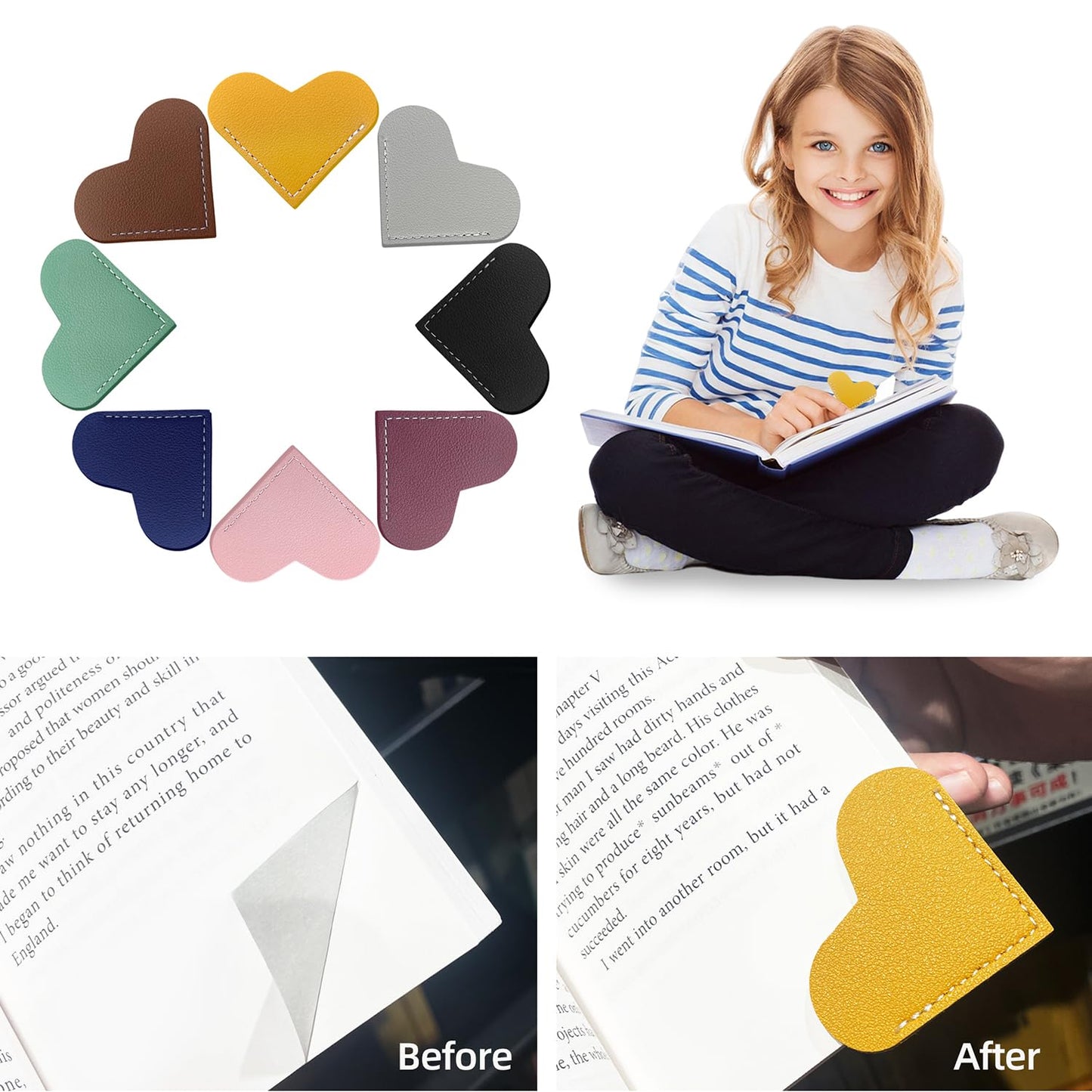 16Pcs Leather Heart Bookmarks,Cute Corner Page Book Marks,Book Accessories for Kids Women Book Lovers Teachers,Handmade Reading Gifts (16 PCS)