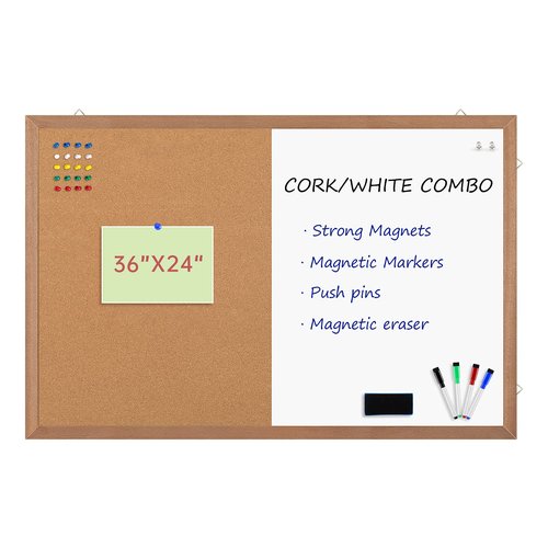 Combination Magnetic Whiteboard Cork Bulletin Board, 36x24 Inches Combo Dry Erase White Board Cork Pin Board for Wall with Natural Wood Frame…