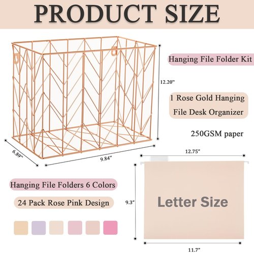 Beramon Hanging File Folder Kit Includes 1 Rose Gold Hanging File Desk Organizer and 24 Pack Hanging File Folders Letter Size with 1/5 Cut Tabs Design for School Office Home Supplies, Pink Design