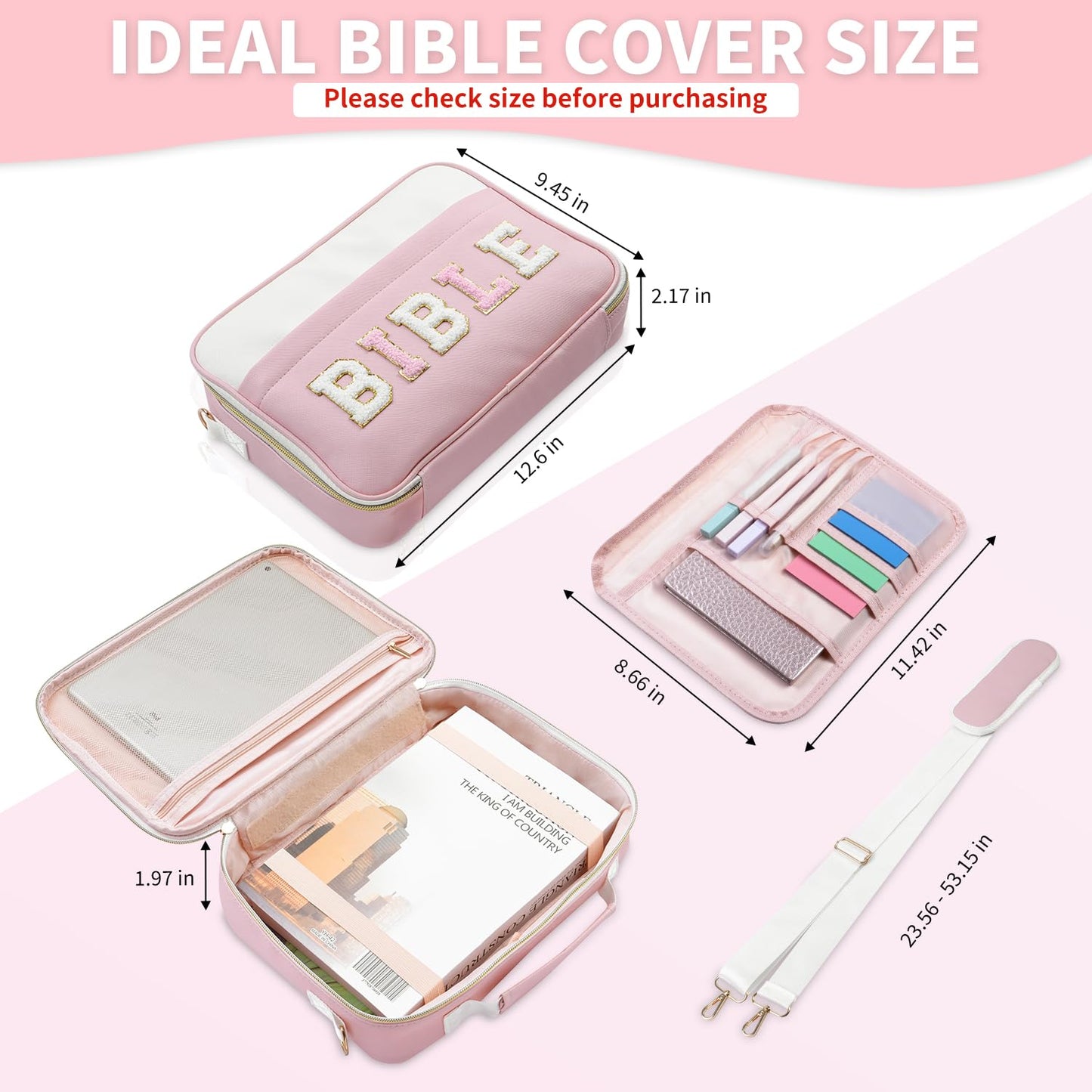 KOPKOFT Bible Cover Case for Women, Large Chenille Letter Leather Bible Case with Bible Study Accessories, Bible Study Supplies Bible Journaling Kit, Christmas Christian Gift for Women Girls (Pink)