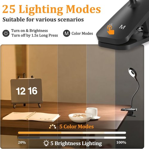 Rechargeable Clip-On Light by [Brand Name] - Flexible Arm Reading Lamp with 5 Brightness Levels | Ideal for Bed, Desk & Bunk Beds (Black)