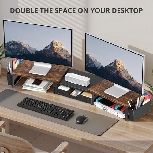 OPNICE Dual Monitor Stand Riser - Desk Organizer with Drawer & 2 Pen Holders | Rustic Brown Wood