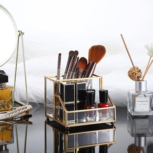 Hipiwe Glass Business Card Holder Stand with Pen/Pencil Organizer Gold Business Name Cards Display Holder for Home Office Desktop Countertop, 2 Slots