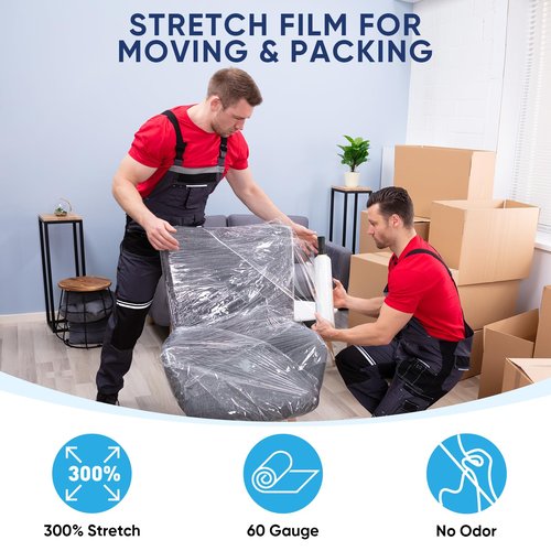 TICONN 2Pk Stretch Wrap Stretch Film Roll, 1000ft Industrial Strength 15 inch Wide Clear Plastic Wrap with Handles for Pallet Wrapping Shipping Moving