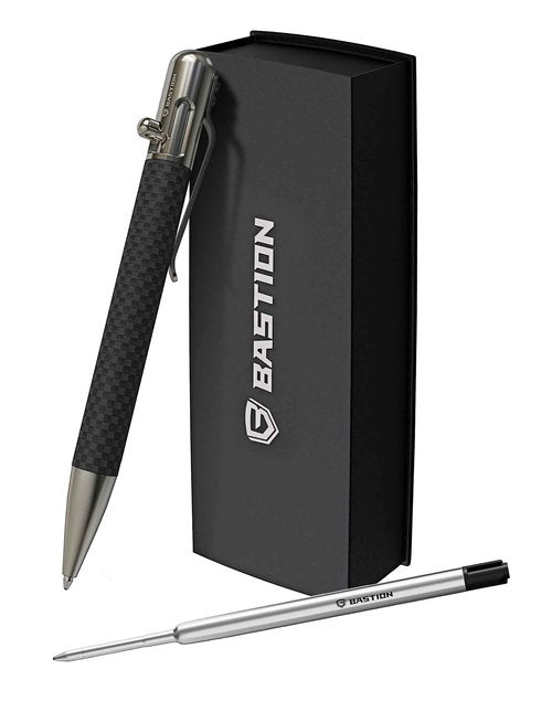 BASTION Bolt Action Pen | Carbon Fiber and Stainless Steel | Extra Black Ink Cartridge Fine Point (0.5mm) For Women and Men Gift Ballpoint Pen Combo 1 Standard Ink Refill