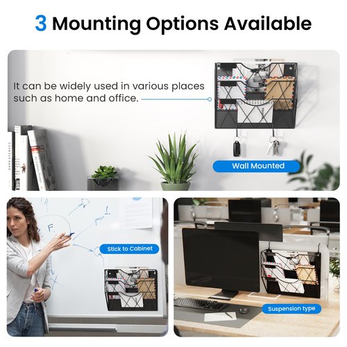 Magnetic File Holder for Refrigerator & Cabinets | No-Drill Wall Mount Organizer | 3-Tier Vertical Mail & Magazine Holder for Office/Home (Black, Space-Saving Design)