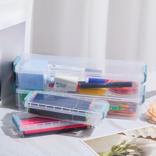Gueevin 8 Pcs Plastic Pencil Case Stackable Clear Pencil Box with Latching Lid Long Plastic Stationery Pen Case Bulk for Crayon Marker Drill Bits School Office Supplies, 2 Sizes