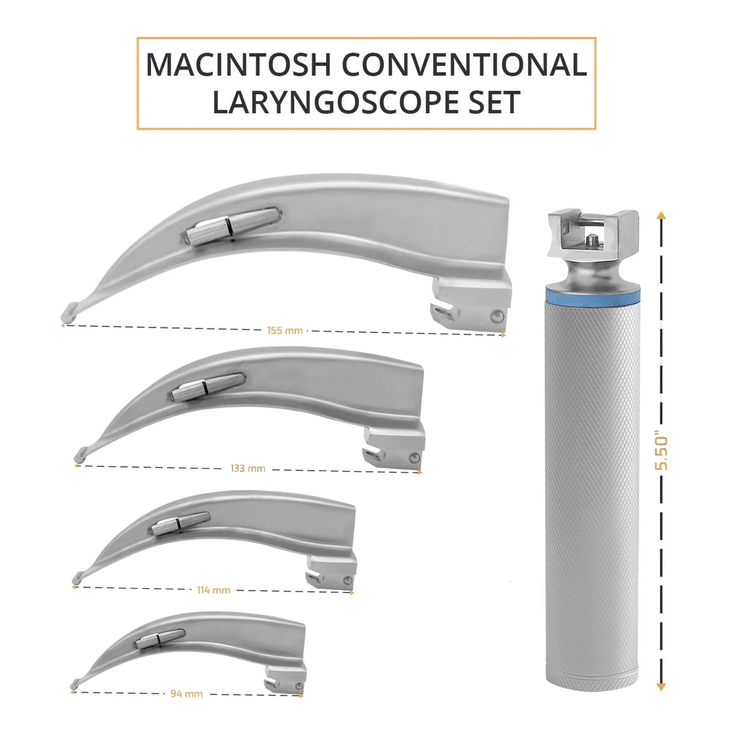 Surgical Online Veterinary Airway Practice Kit - 4 Macintosh Blades + Handle with Case (for Animal Training Use)