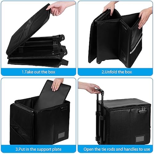 Fireproof File Box with Wheels and Telescopic Handle, Foldable Utility Cart Folding Portable Rolling Crate, Fireproof Document Organizer File Cabinet for Travel Office Use