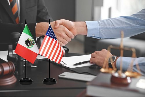 USA American & Mexico Mexican MX Desk Flags, US Mexico Table Flag, Small Mini American & Mexican MX Twin Table Office Flag, Miniature Mexican MX and US Desktop Flag With 13" Solid Black Pole, Black Base