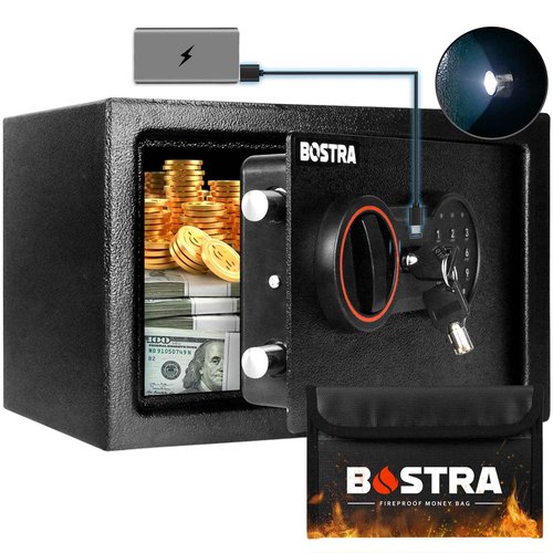 Bostra Fireproof Safe Box with Sensor Light, Digital Keypad, for Home - 0.5 Cubic Small Safe with Keys & Pass Code for Cash, Jewelry