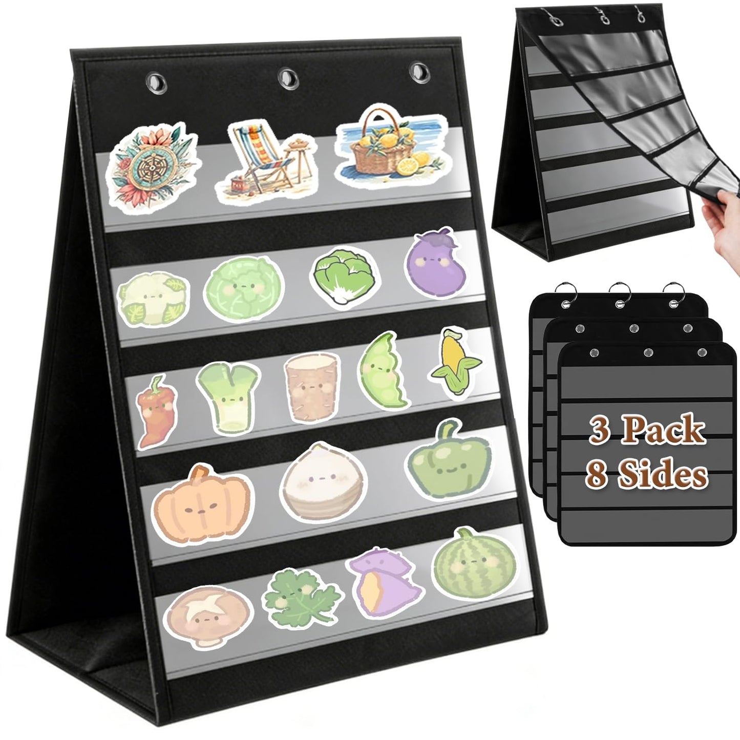 Tabletop Pocket Chart 14x17 Inch - 3 Page Flip Design 8 Sides Portable Sticker Display Stand Oxford Fabric Teaching Organizer for Classroom, Homeschool & Teacher Supplies(Patent Pending)