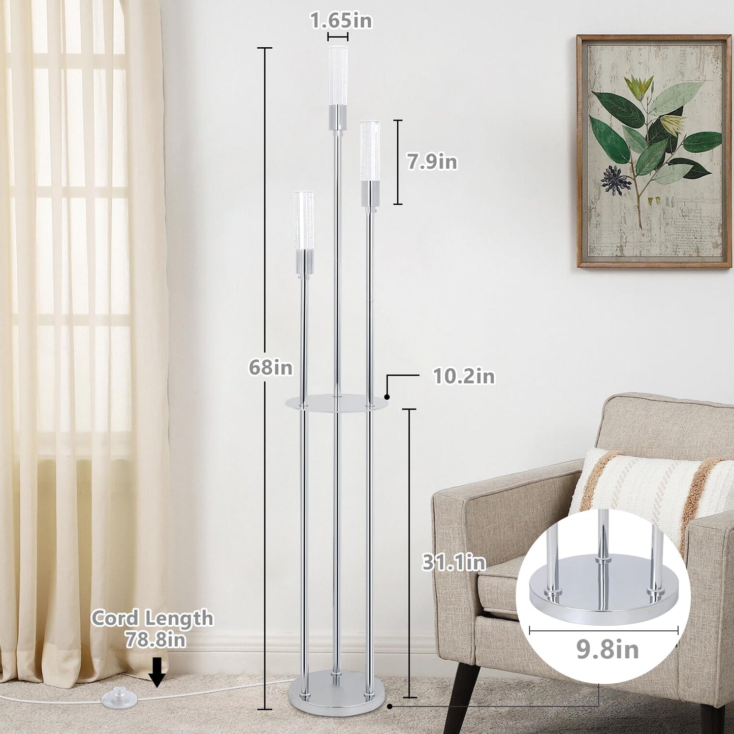 Stepeak Bubble Crystal Floor Lamp with Shelves, 3 Lights Modern Standing Lamps for Living Room, Built-in LED Lights, Foot Switch, Industrial Tall Corner Floor Lamp for Bedroom Home Office, Silver