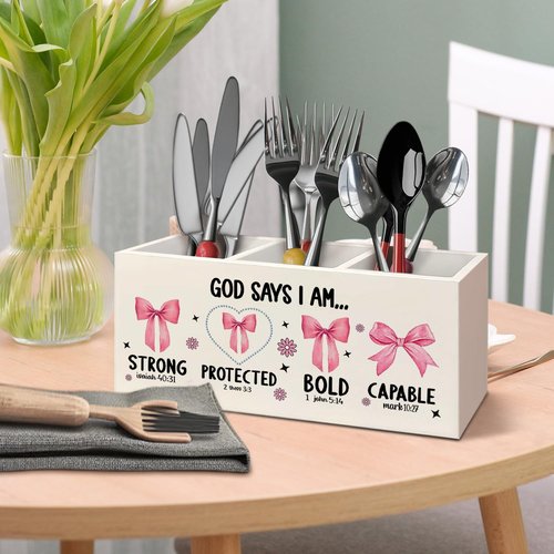 AQYIP Christian God Says I Am Wooden Pen Pencil Holder for Desk Accessories, Christian Gifts for Women, Pink Coquette Bow Bible Verse Wood Makeup Brush Toothbrush Holder Organizer for Vanity Bathroom