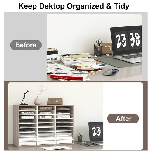 Alpeir Mail Organizer Countertop, 27 Slots Wooden Desk File Literature Sorter, Adjustable Paper Storage Shelves Document Holder, Space Saving Desktop Mailbox for Office Classroom, Retro Grey/White