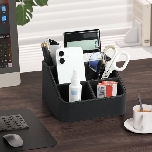 MEIBOOCH Remote Control Holder, PU Leather Small Desk Organizer for Men Women Nightstand Bedside Table Organizer Remote Caddy with Rounded Edges Design (Black)
