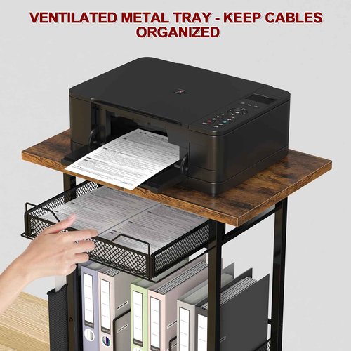 Mobile 3-Tier Printer Stand with 2-Drawer File Cabinet, 24 Extended Desktop & Lockable Wheels, Adjustable Rolling Cart for Home Office Storage (Rustic Brown)