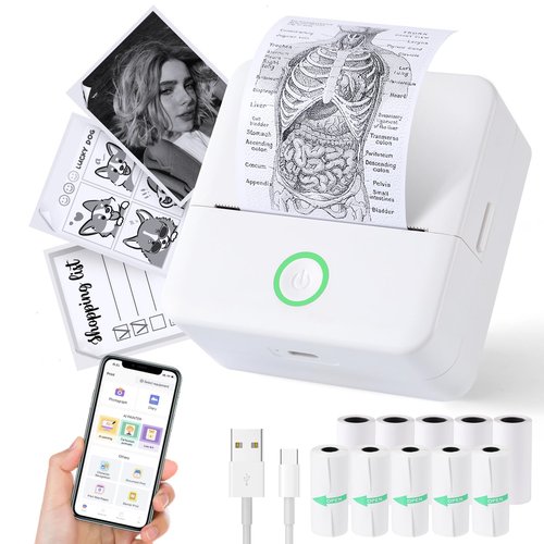 Print Pods Mini Printer, Thermal Inkless Sticker Maker with 10 Rolls Printing Paper, Pocket Printpod for phone, Impresora Portátil for Notes, Flashcards, Journal, DIY, Compatible with iOS & Android