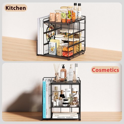 Becomrock Desk File Organizer and Accessories, 4-Tier Paper Organizer with Vertical File Holder, Office Desk Accessories & Workspace Organizers and Storage for Office Supplies (Black)