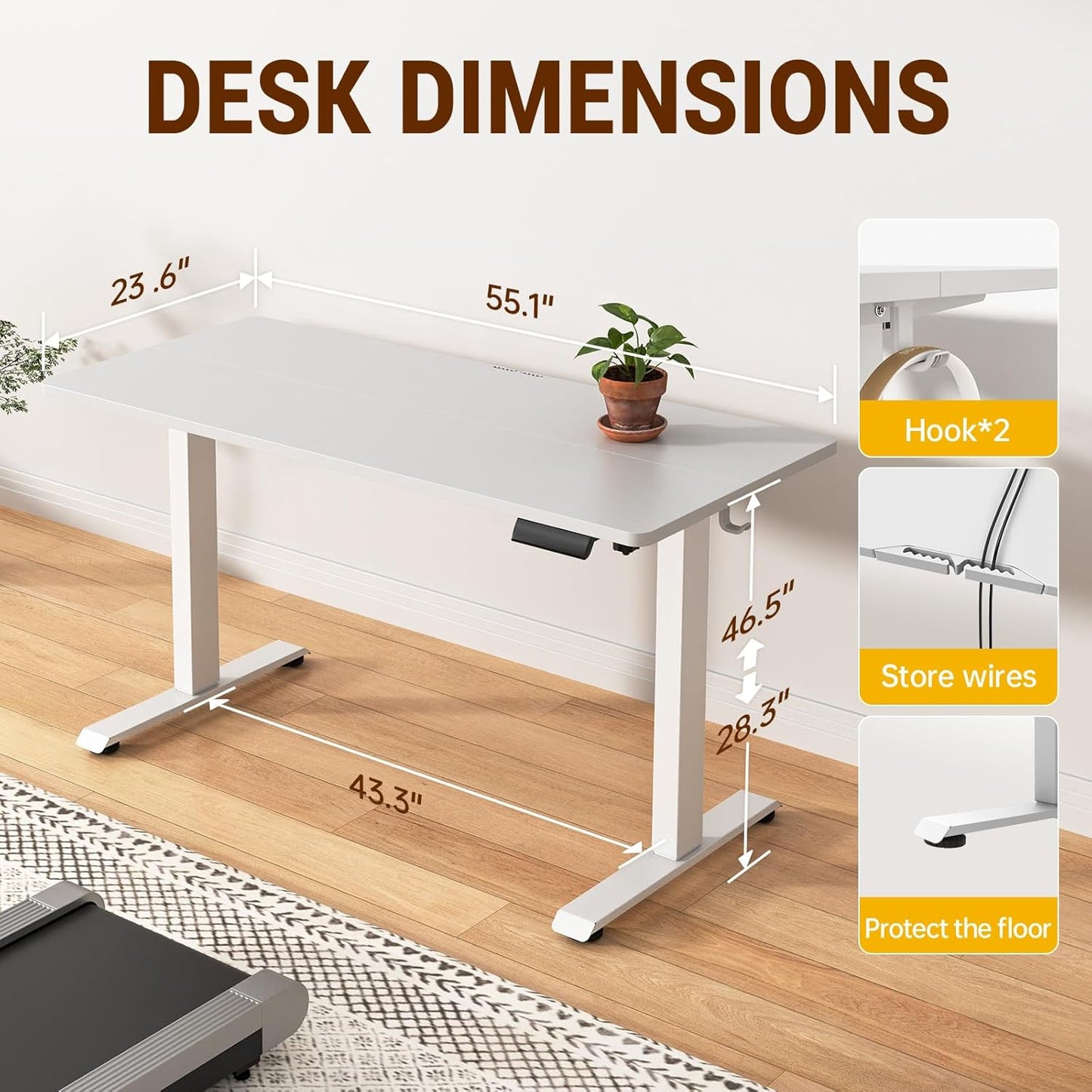 Veken 55-Inch Electric Standing Desk - Height Adjustable Home Office Table | White Wooden Desktop